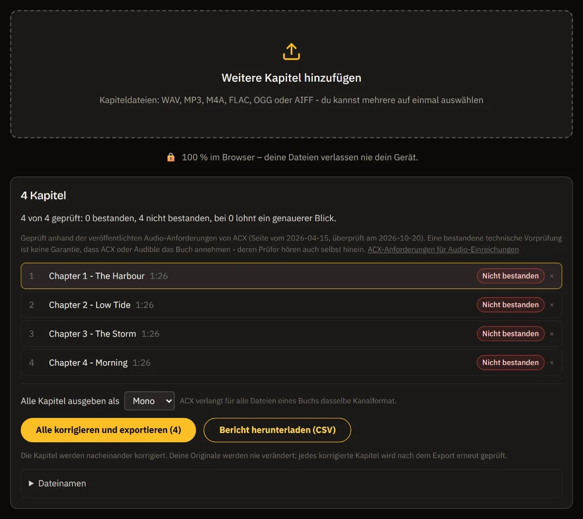 Vier Kapitel eines Buchs in Reihenfolge mit Länge und dem Urteil Nicht bestanden, die Zusammenfassung, Mono als Format für alle Kapitel, Alle reparieren und exportieren (4) und der CSV-Bericht.