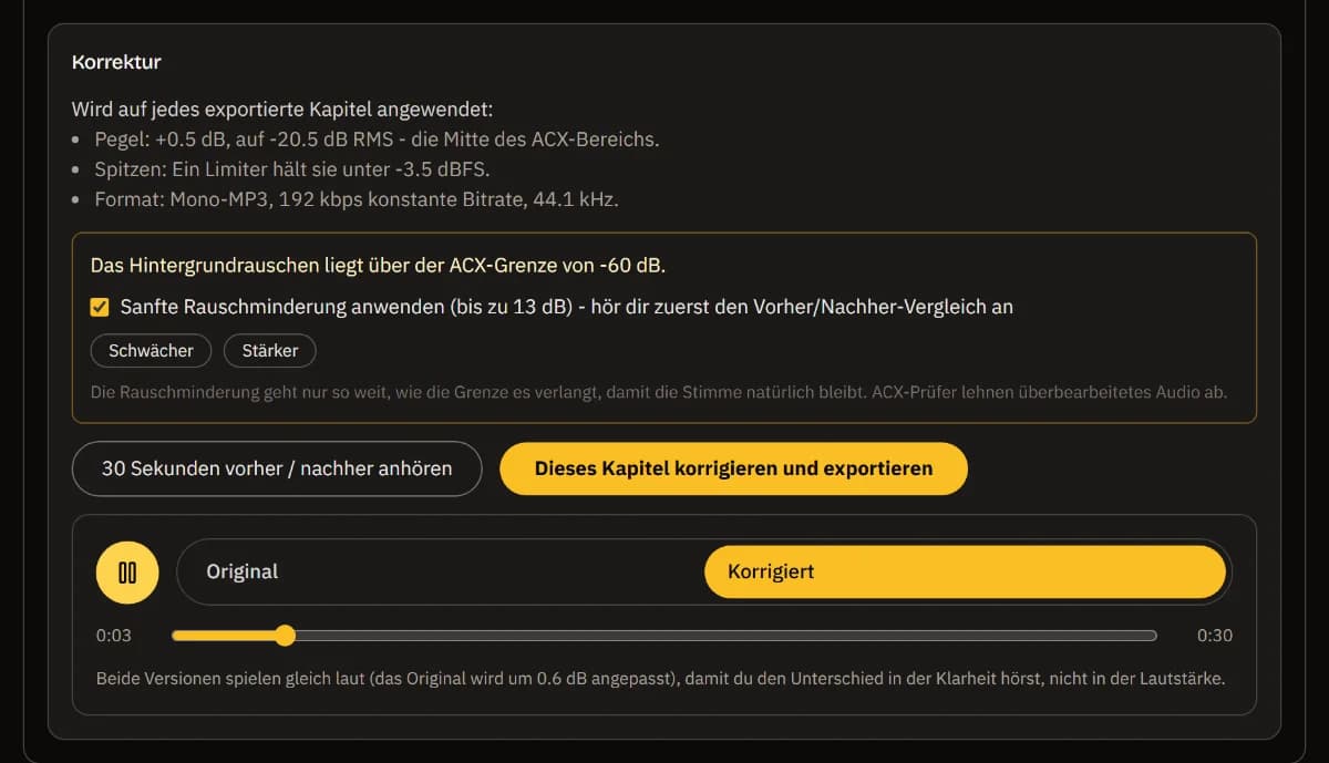 Die Korrekturen für Kapitel 1: Pegel, Spitzenbegrenzung und MP3-Format, die angekreuzte Rauschminderung mit Schwächer und Stärker und der Vorher/Nachher-Player auf der korrigierten Seite.