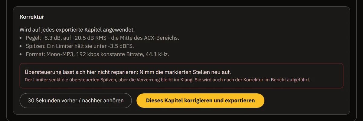 Die Korrekturen für Chapter 3 - The Storm mit einem roten Hinweis, dass die Übersteuerung nicht reparierbar ist und die markierten Stellen neu aufgenommen werden müssen.