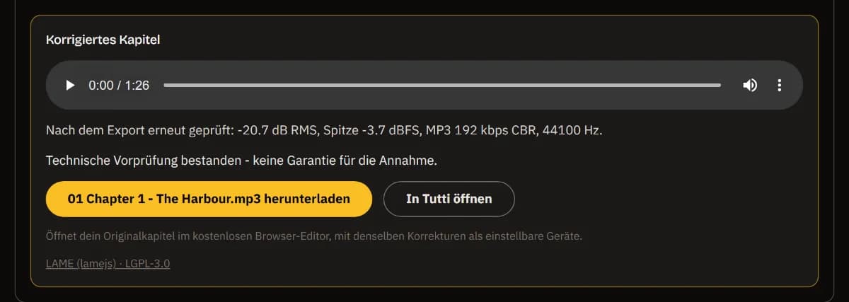 Die reparierte MP3 von Kapitel 1, erneut geprüft mit -20.7 dB RMS und -3.7 dBFS Spitze, bestanden, mit Download von 01 Chapter 1 - The Harbour.mp3 und In TuttiDAW öffnen.