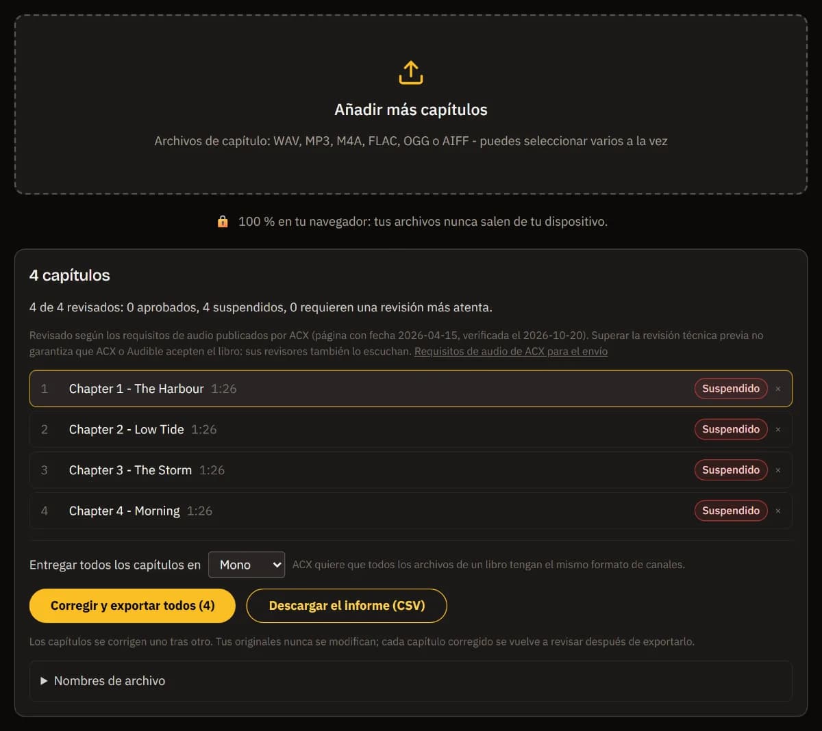 Cuatro capítulos de un libro en orden con su duración y el veredicto Suspendido, el resumen, la entrega en mono, Corregir y exportar todo (4) y el informe CSV.