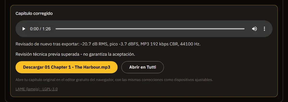 El MP3 corregido del capítulo 1, comprobado de nuevo a -20.7 dB RMS y un pico de -3.7 dBFS, aprobado, con Descargar 01 Chapter 1 - The Harbour.mp3 y Abrir en TuttiDAW.