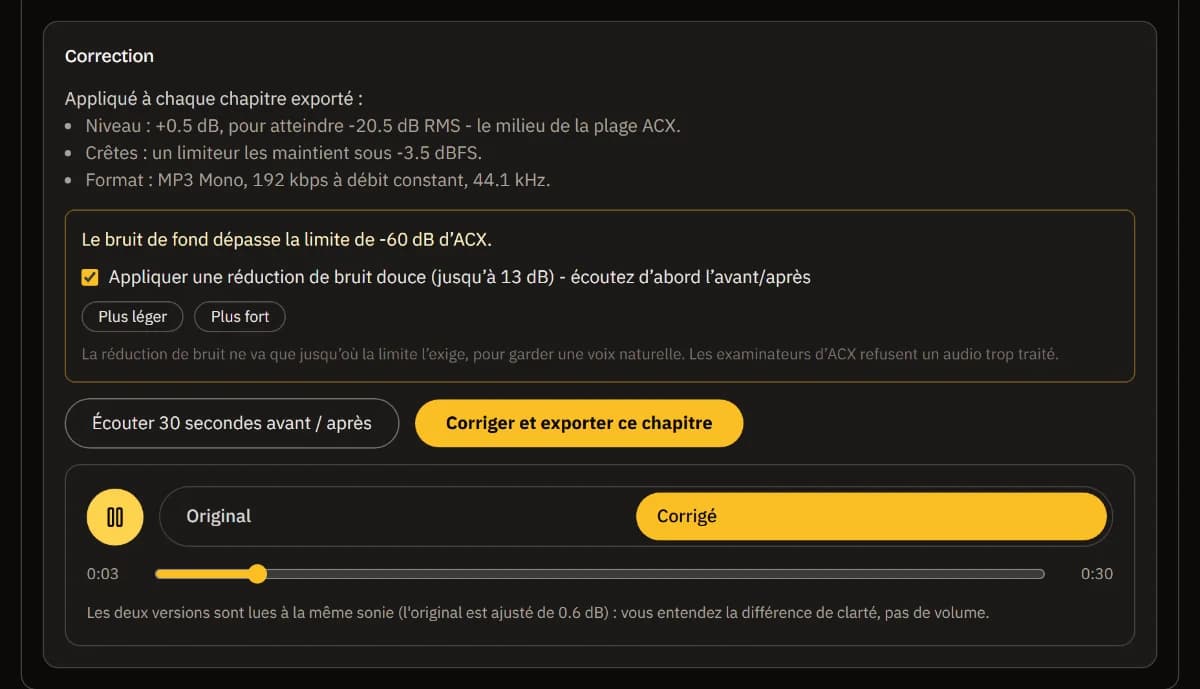 Les corrections du chapitre 1 : niveau, limite de crête et format MP3, la réduction de bruit cochée avec Plus léger et Plus fort, et le lecteur avant/après sur la version corrigée.