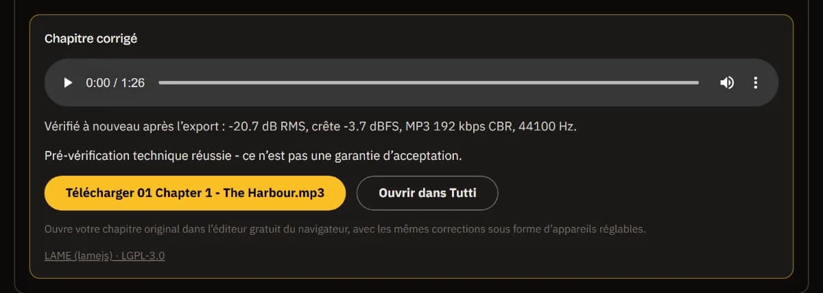 Le MP3 corrigé du chapitre 1, revérifié à -20.7 dB RMS et une crête de -3.7 dBFS, réussi, avec Télécharger 01 Chapter 1 - The Harbour.mp3 et Ouvrir dans TuttiDAW.