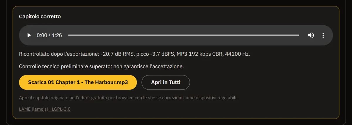L'MP3 corretto del capitolo 1, ricontrollato a -20.7 dB RMS e un picco di -3.7 dBFS, superato, con Scarica 01 Chapter 1 - The Harbour.mp3 e Apri in TuttiDAW.