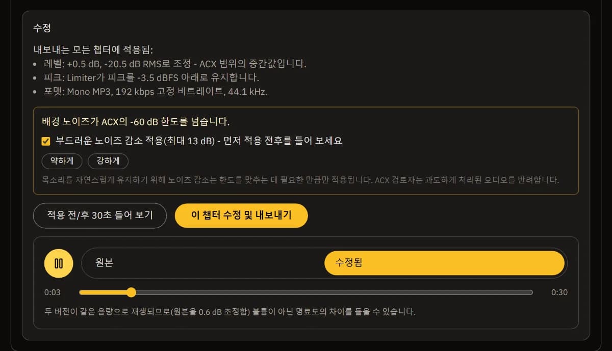 챕터 1의 수정 내용: 레벨, 피크 제한, MP3 형식, 약하게·강하게 버튼과 함께 체크된 잡음 감소, 수정본을 재생 중인 전후 비교 플레이어.