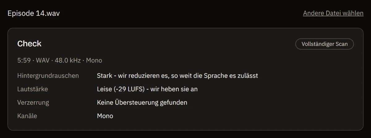 Der Check-up von Episode 14.wav (5:59, WAV, 48 kHz, mono) nach dem vollständigen Scan: starkes Hintergrundrauschen, leise mit -29 LUFS, keine Übersteuerung, mono.