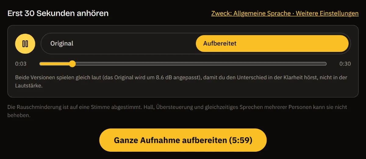 Der Vorher/Nachher-Player auf der aufbereiteten Seite, der Hinweis auf gleiche Lautheit und die Schaltfläche zum Aufbereiten der ganzen Aufnahme (5:59).
