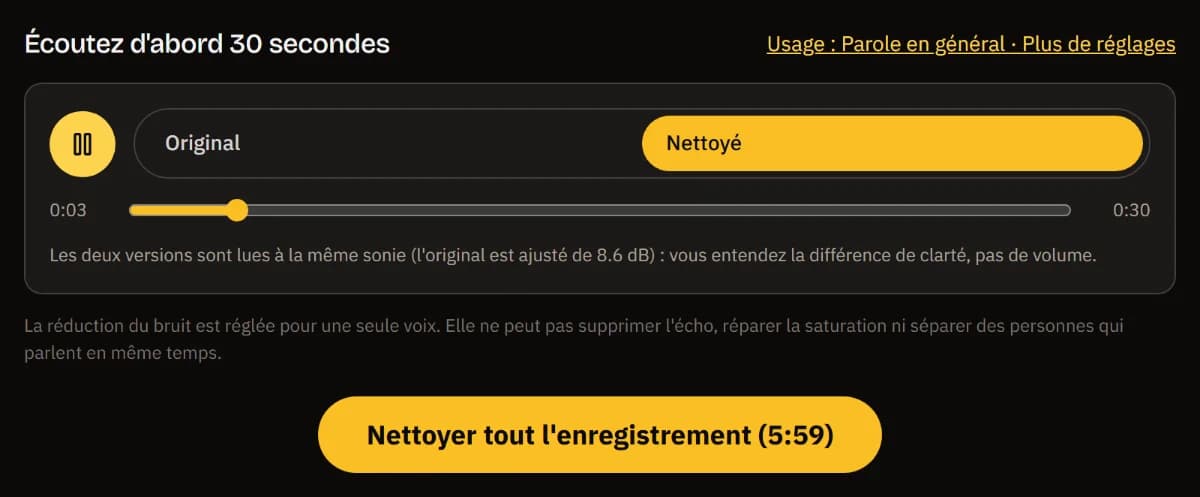 Le lecteur avant/après sur la version nettoyée, la mention d'une sonie identique, et le bouton pour nettoyer tout l'enregistrement (5:59).