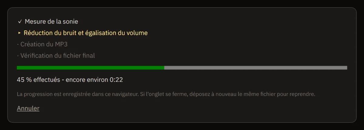 Le nettoyage en cours : sonie mesurée, réduction du bruit et égalisation du volume, une barre de progression avec le temps restant, et Annuler.