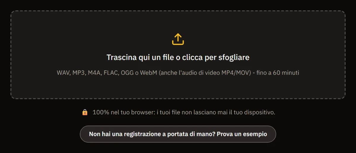 L'inizio di Pulisci registrazione: un'area di rilascio per WAV, MP3, M4A, FLAC, OGG o WebM fino a 60 minuti, la nota che i file non lasciano mai il dispositivo e Prova un esempio.