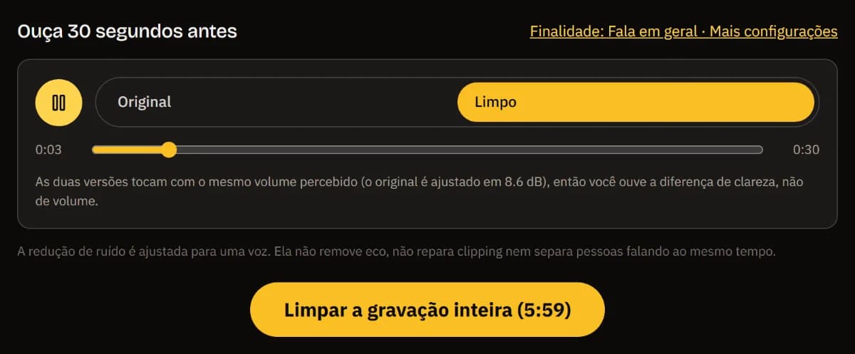 O player antes/depois na versão limpa, o aviso de que as duas tocam na mesma loudness e o botão para limpar a gravação inteira (5:59).