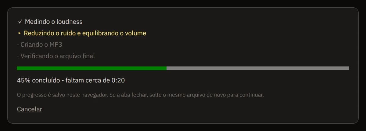A limpeza em andamento: loudness medida, agora reduzindo o ruído e nivelando o volume, uma barra de progresso com o tempo restante e Cancelar.
