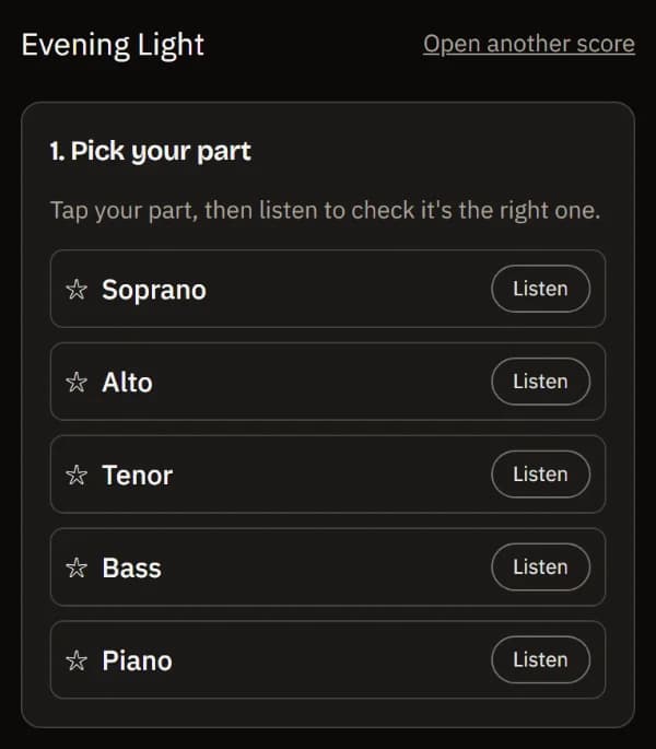 The sample score Evening Light opened on a phone: Pick your part, with Soprano, Alto, Tenor, Bass and Piano, each with a Listen button.