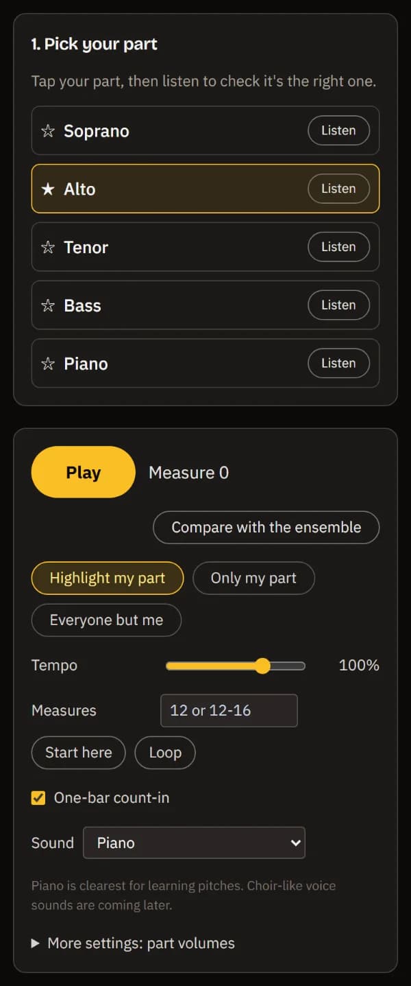 Alto picked and starred; below, the player with Play, Compare with the ensemble, Highlight my part chosen, the tempo, the measures box and the piano sound.