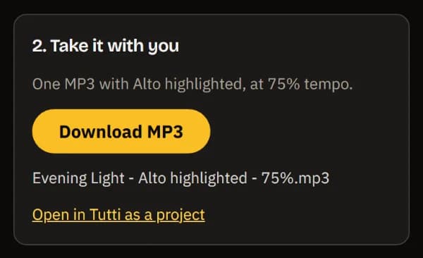 Take it with you: one MP3 with Alto highlighted at 75% tempo, Download MP3, the file name Evening Light - Alto highlighted - 75%.mp3 and Open in TuttiDAW.