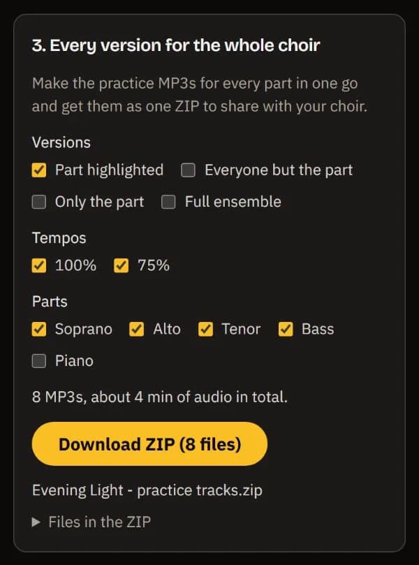 Every version for the whole choir: Part highlighted at 100% and 75% for Soprano, Alto, Tenor and Bass, 8 MP3s, Download ZIP and the ZIP's name.