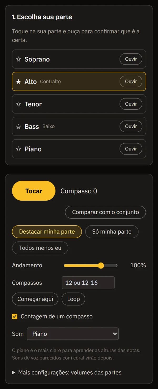 Alto escolhida e marcada com estrela; abaixo, o player com Tocar, Comparar com o conjunto, Destacar minha voz escolhido, o andamento, a caixa de compassos e o som de piano.