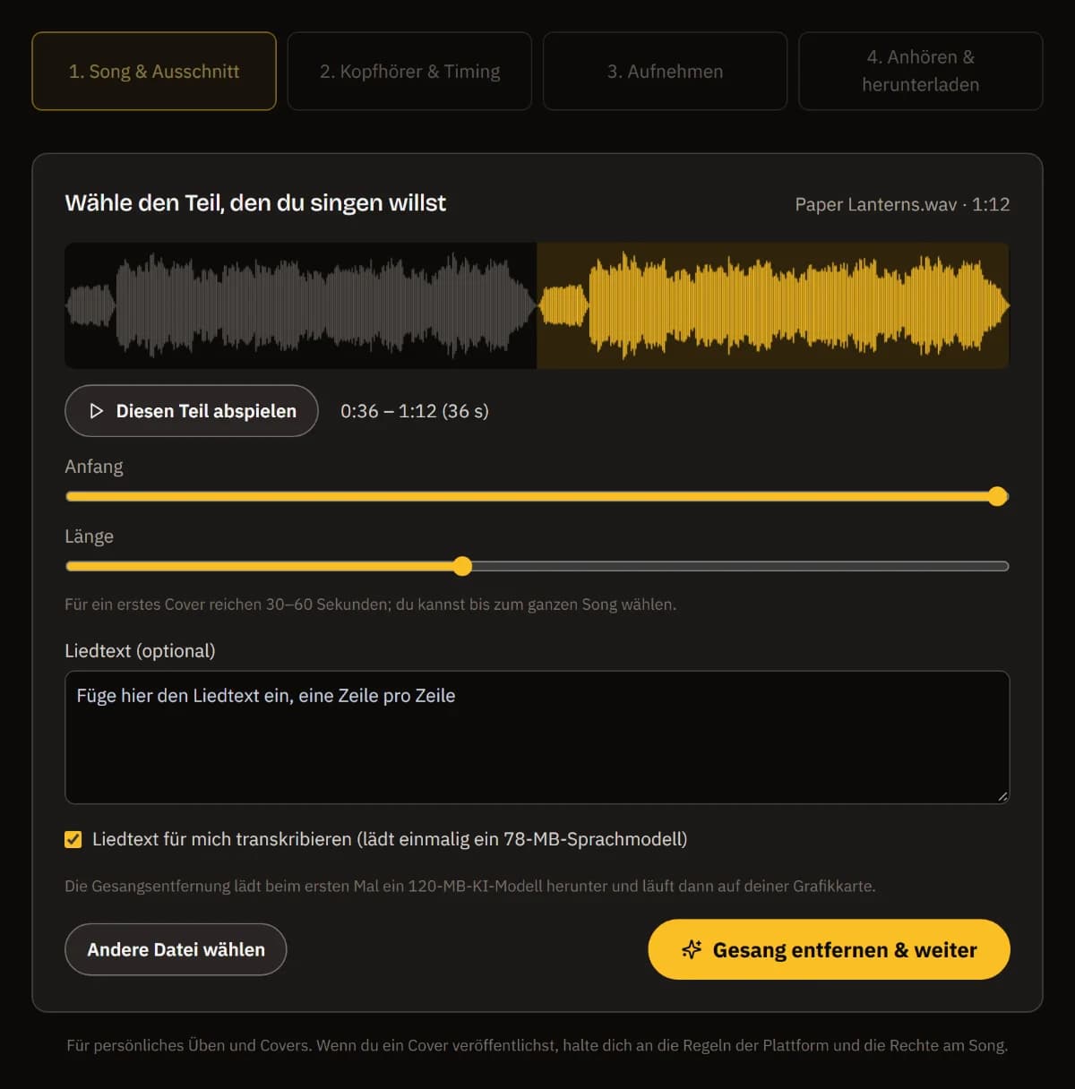 Paper Lanterns.wav ist geladen: die Wellenform mit dem Ausschnitt 0:36 bis 1:12, Regler für Start und Länge, ein Feld für den Text und Gesang entfernen & weiter.