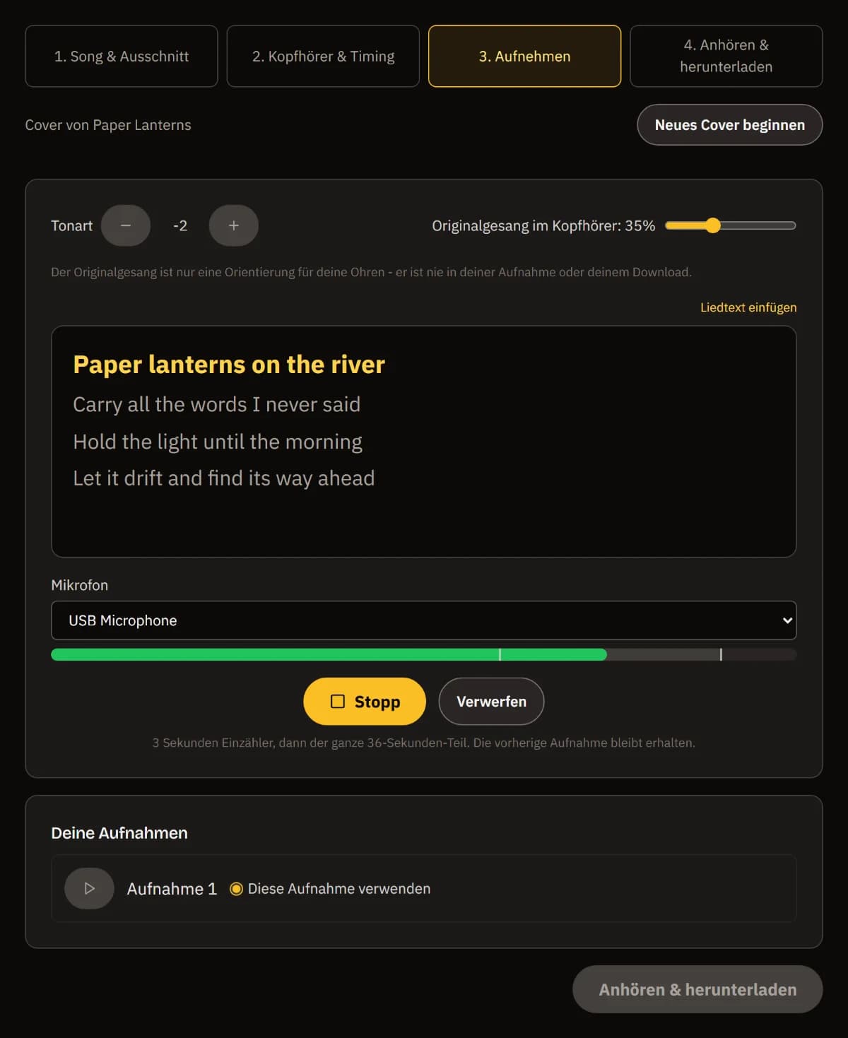 Aufnahme 2 läuft, zwei Halbtöne tiefer: der Originalgesang als Hilfe auf 35 %, die Zeile Paper lanterns on the river hervorgehoben, Stopp und Verwerfen, und Aufnahme 1 unter Deine Aufnahmen.
