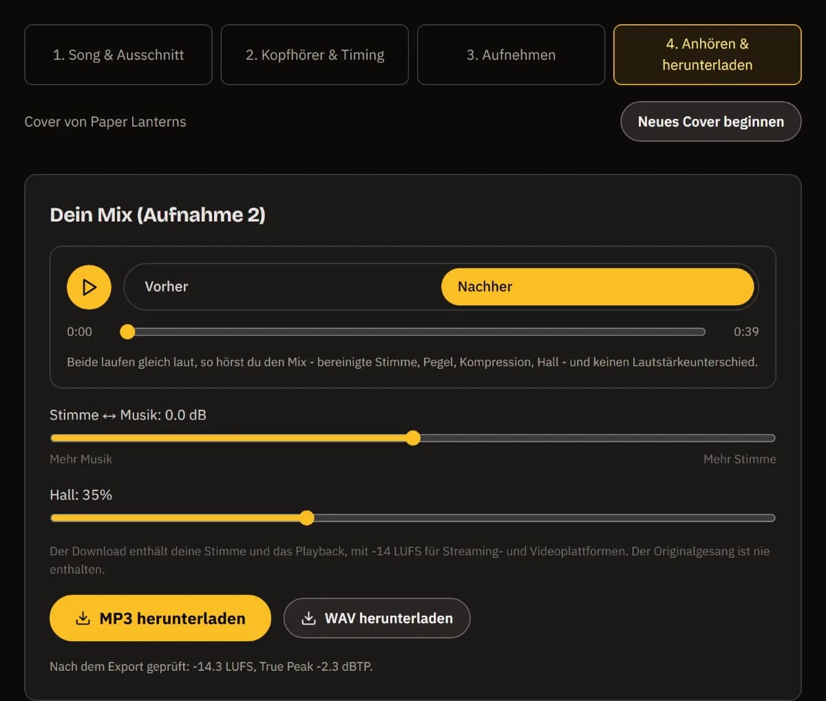 Dein Mix (Aufnahme 2): der Vorher/Nachher-Player, die Balance Stimme-Musik und Hall auf 35 %, MP3 und WAV herunterladen und der Export, geprüft bei -14 LUFS.
