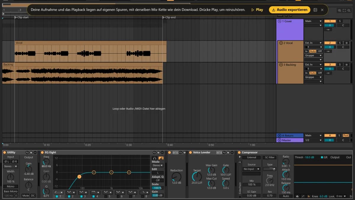 Der TuttiDAW-Editor mit dem Paper-Lanterns-Cover: die Spuren Vocal und Backing zwischen den Markern Clip start und Clip end, darunter EQ, Leveler und Kompressor der Stimme.