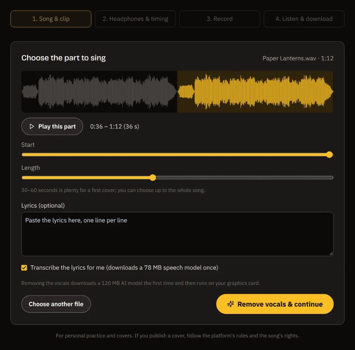 Paper Lanterns.wav dropped: its waveform with the part from 0:36 to 1:12 marked, Start and Length sliders, a lyrics box and Remove vocals & continue.