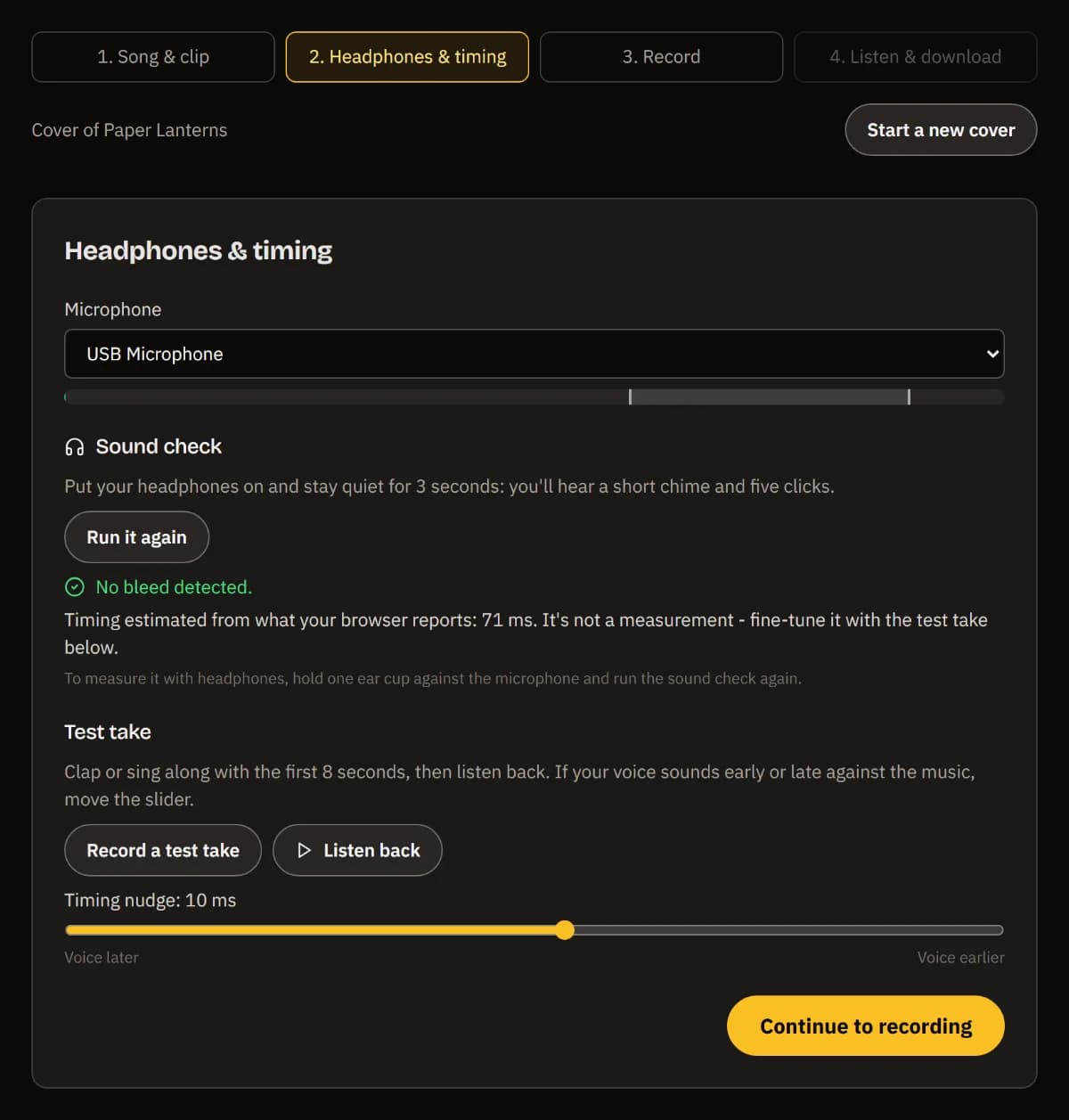 Headphones & timing: USB Microphone with its level, No bleed detected, the estimated delay, Record a test take, Listen back and the timing nudge slider.