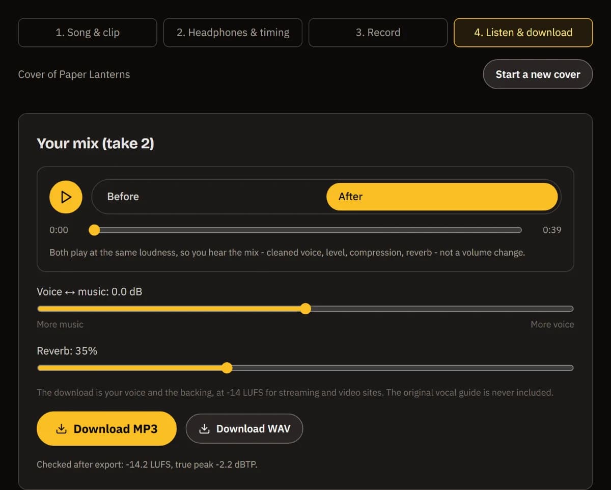 Your mix (take 2): the Before/After player, the voice-music balance and reverb at 35%, Download MP3 and WAV, and the export checked at -14 LUFS.