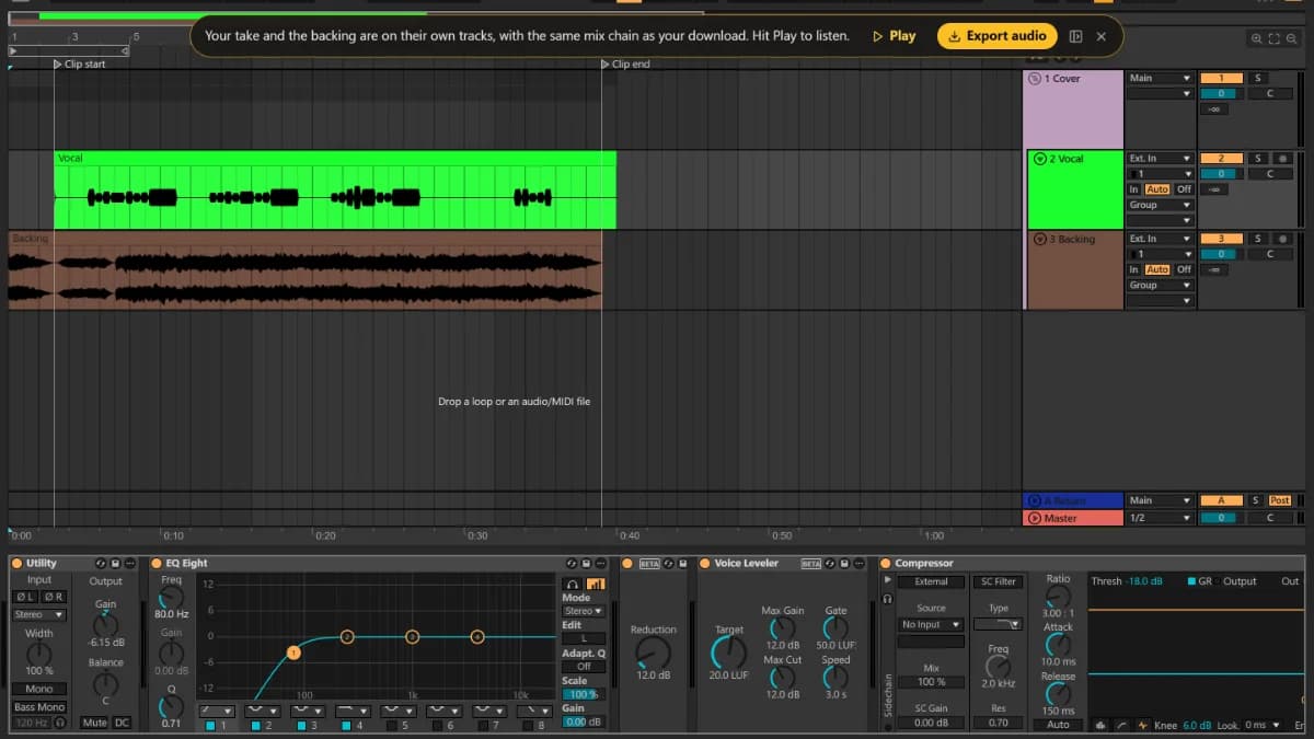 The TuttiDAW editor with the Paper Lanterns cover: Vocal and Backing tracks between the Clip start and Clip end markers, and the vocal's EQ, leveler and compressor below.