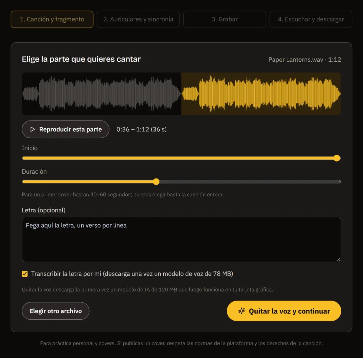 Paper Lanterns.wav soltada: su forma de onda con el fragmento de 0:36 a 1:12 marcado, los controles de inicio y duración, un cuadro para la letra y Quitar la voz y continuar.