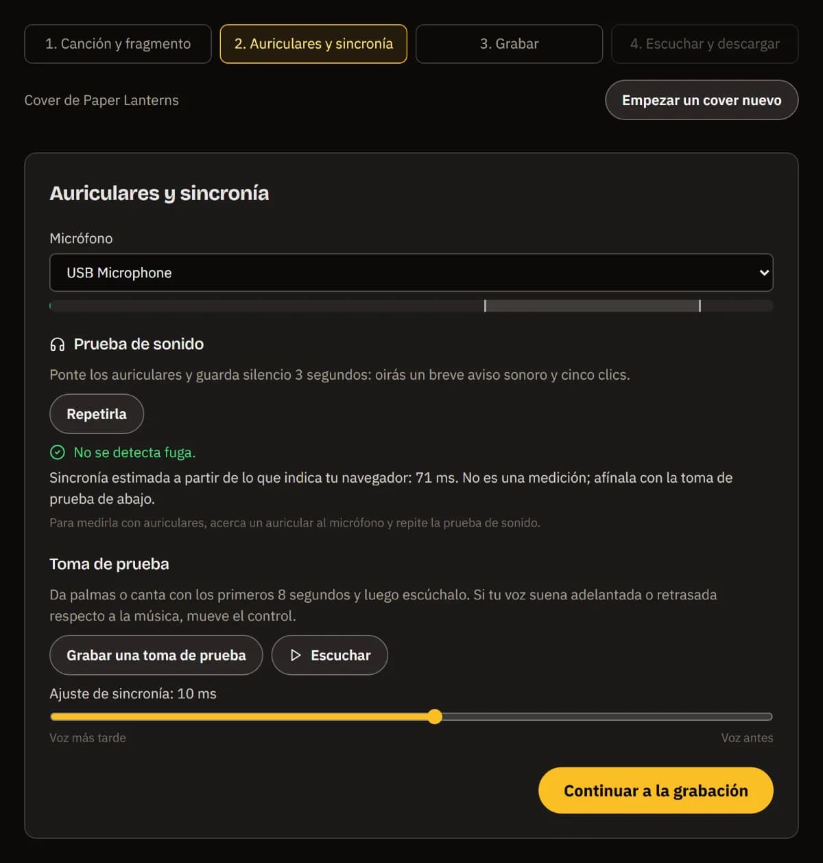 Auriculares y sincronía: USB Microphone con su nivel, No se detecta fuga, el retardo estimado, Grabar una toma de prueba, Escuchar y el control de ajuste de sincronía.