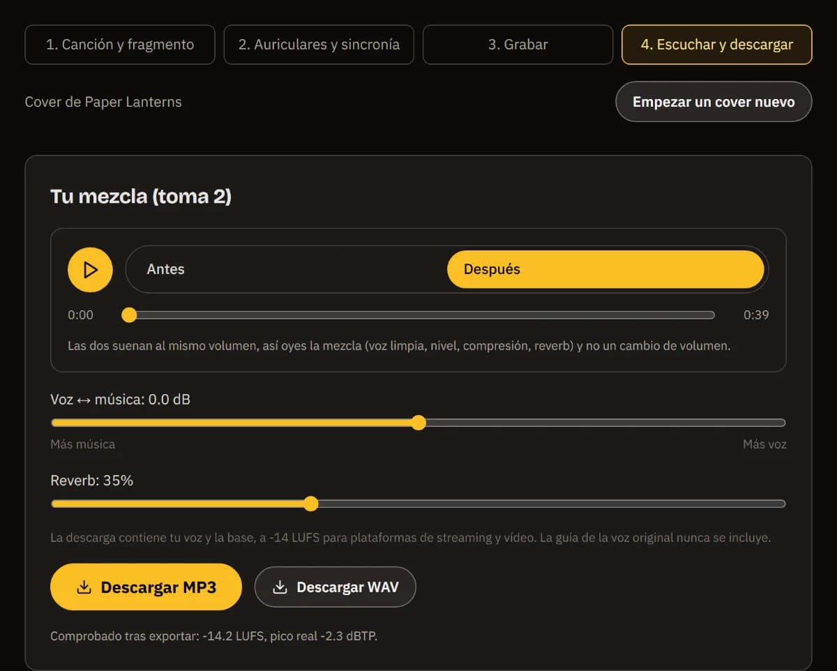 Tu mezcla (toma 2): el reproductor Antes/Después, el balance voz-música y la reverb al 35 %, Descargar MP3 y WAV, y la exportación comprobada a -14 LUFS.