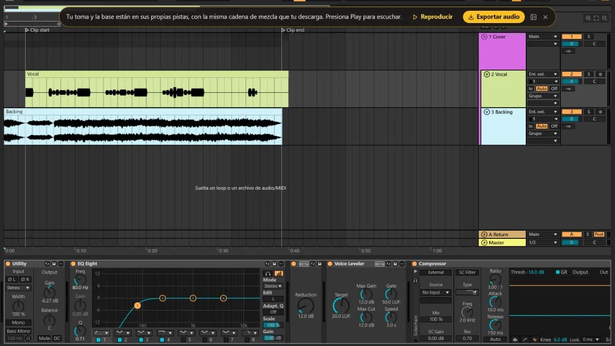 El editor de TuttiDAW con el cover de Paper Lanterns: las pistas Vocal y Backing entre los marcadores Clip start y Clip end, y debajo el EQ, el nivelador y el compresor de la voz.