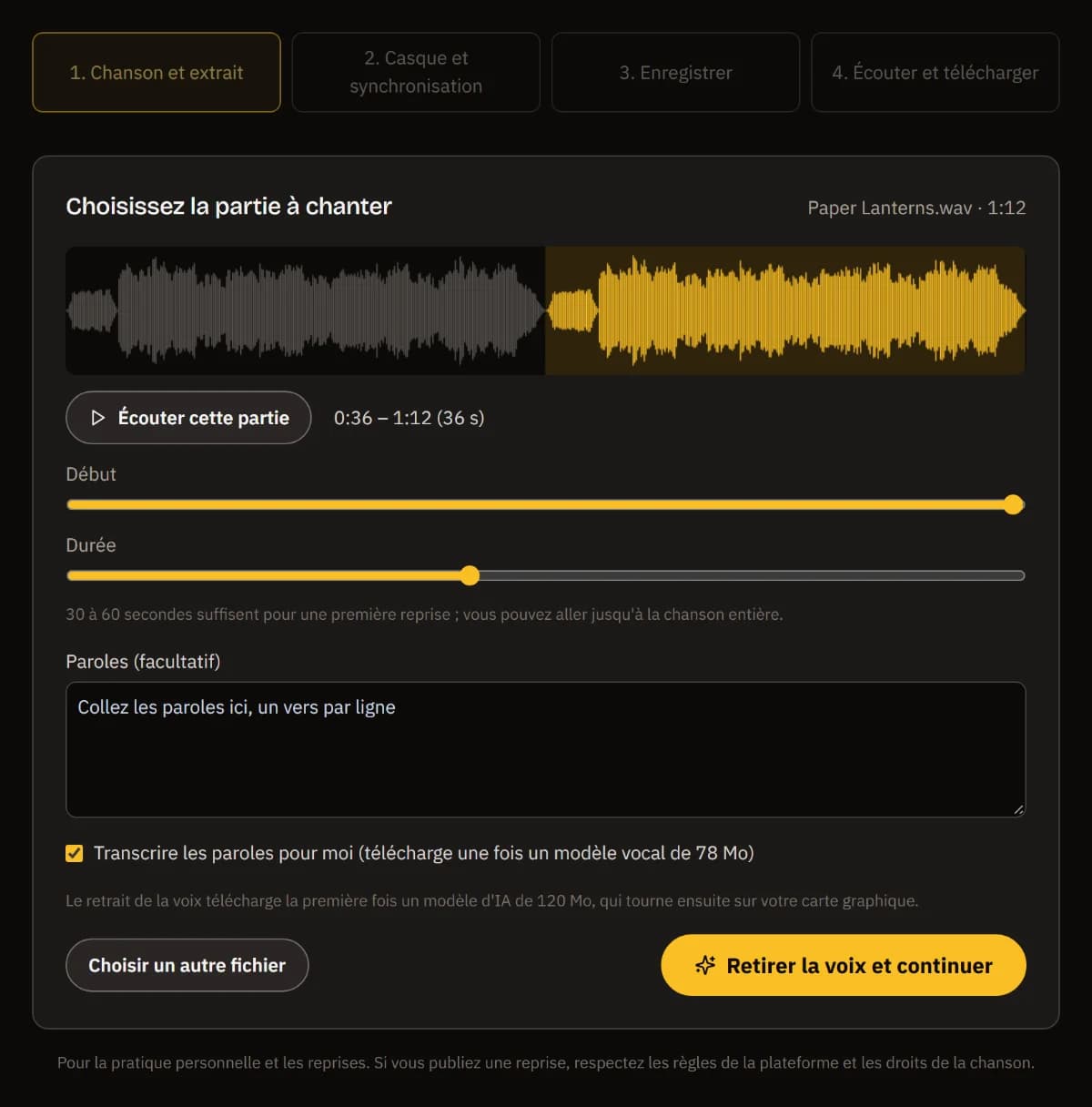 Paper Lanterns.wav déposé : sa forme d'onde avec le passage de 0:36 à 1:12 marqué, les curseurs Début et Durée, un champ pour les paroles et Retirer la voix et continuer.