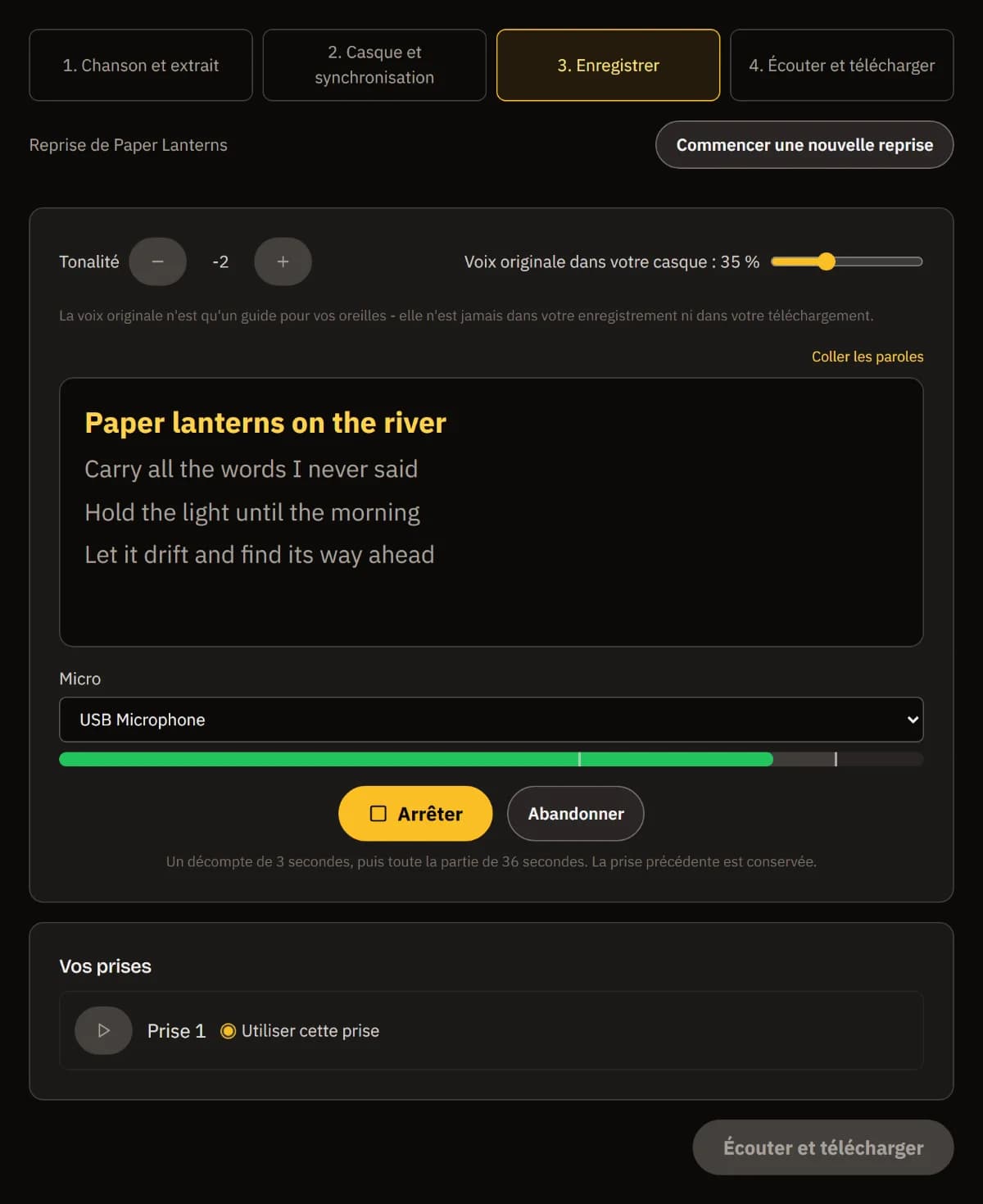 Enregistrement de la prise 2, deux demi-tons plus bas : le guide de la voix originale à 35 %, la ligne Paper lanterns on the river en surbrillance, Arrêter et Jeter, et la prise 1 dans Vos prises.