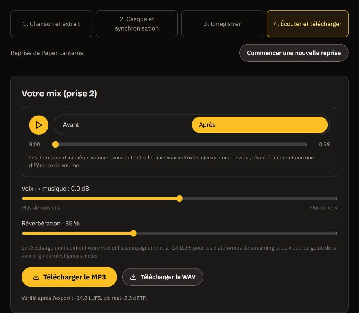 Votre mix (prise 2) : le lecteur Avant/Après, l'équilibre voix-musique et la réverbe à 35 %, Télécharger MP3 et WAV, et l'export vérifié à -14 LUFS.