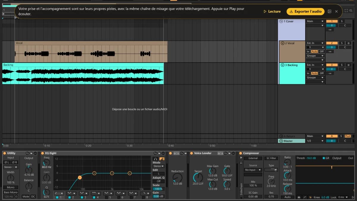 L'éditeur TuttiDAW avec la reprise de Paper Lanterns : les pistes Vocal et Backing entre les marqueurs Clip start et Clip end, et en dessous l'EQ, le niveleur et le compresseur de la voix.