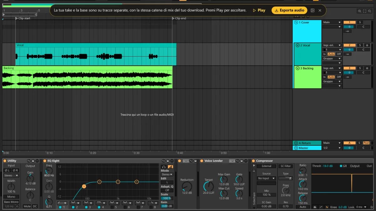 L'editor di TuttiDAW con la cover di Paper Lanterns: le tracce Vocal e Backing tra i marker Clip start e Clip end, e sotto EQ, livellatore e compressore della voce.