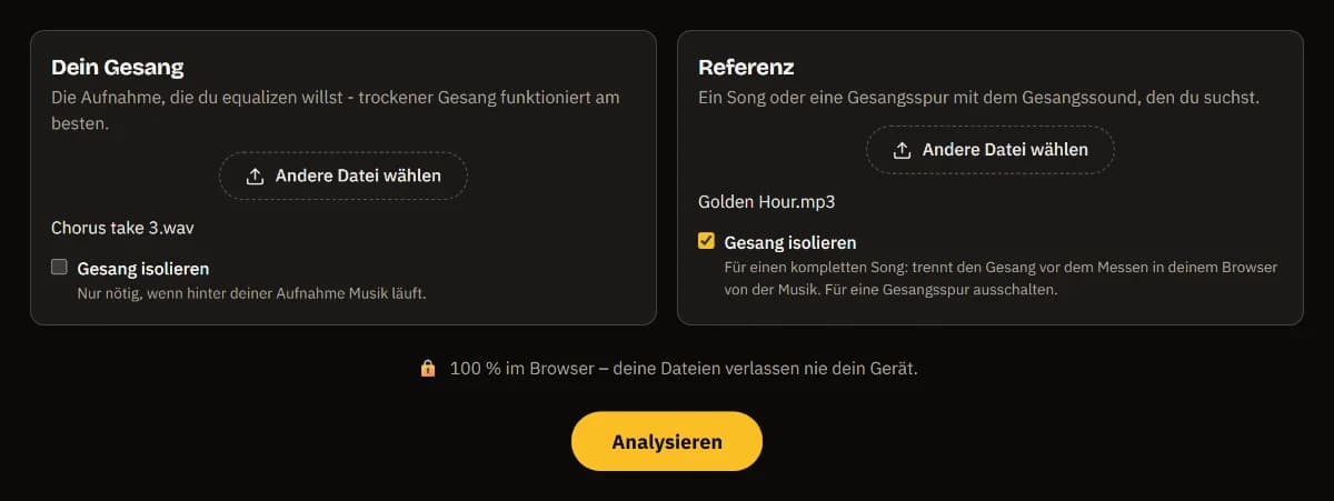 Vocal Match EQ mit Chorus take 3.wav als deinem Gesang und Golden Hour.mp3 als Referenz, Gesang isolieren für die Referenz angehakt, und der Button Analysieren.