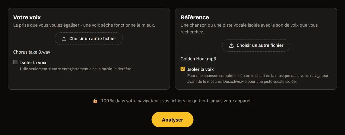 Vocal Match EQ avec Chorus take 3.wav comme voix et Golden Hour.mp3 comme référence, Isoler la voix coché pour la référence, et le bouton Analyser.
