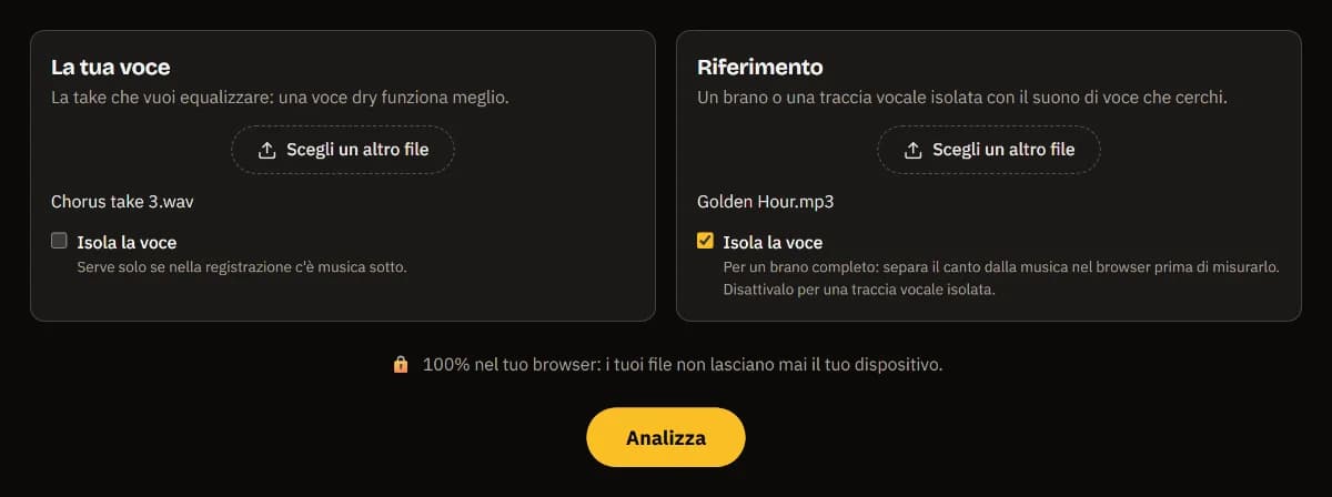 Vocal Match EQ con Chorus take 3.wav come tua voce e Golden Hour.mp3 come riferimento, Isola la voce spuntato per il riferimento e il pulsante Analizza.