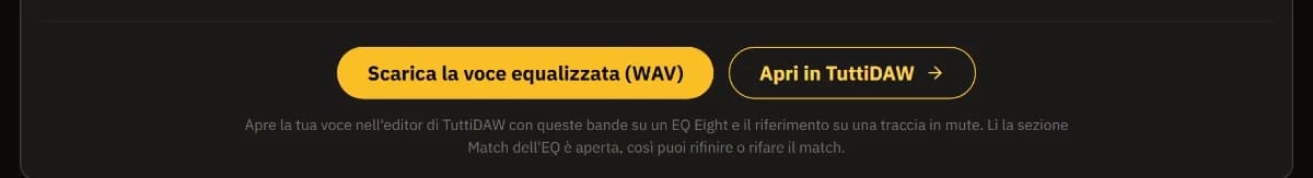 I pulsanti Scarica la voce equalizzata (WAV) e Apri in TuttiDAW, con una nota che indica che nell'editor si apre la sezione Match dell'EQ.