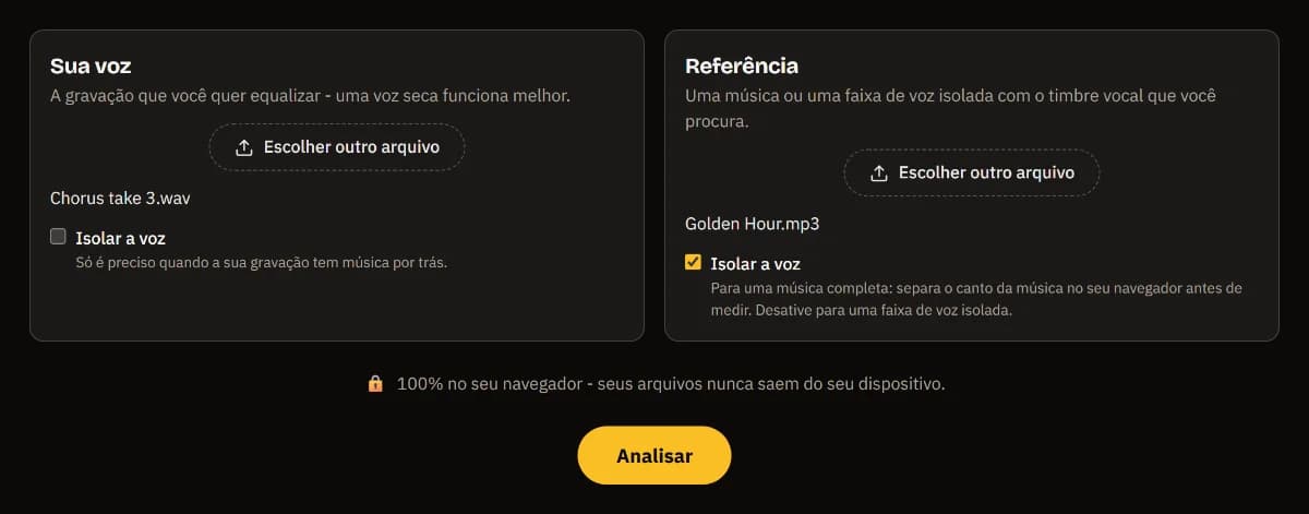 Vocal Match EQ com Chorus take 3.wav como sua voz e Golden Hour.mp3 como referência, Isolar a voz marcado para a referência e o botão Analisar.