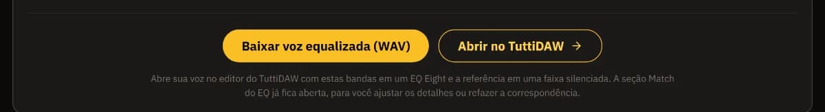 Os botões Baixar voz equalizada (WAV) e Abrir no TuttiDAW, com uma nota de que a seção Match do EQ abre no editor.